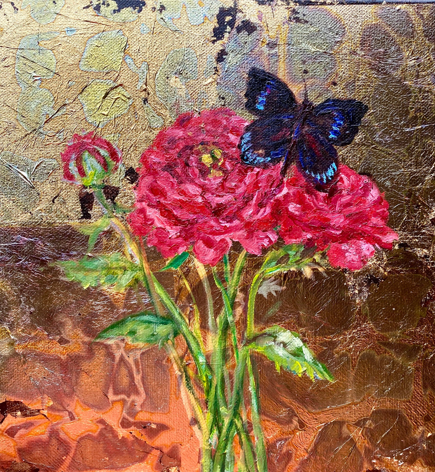 Ranunculus and Pipevine Swallowtail Gold Leaf, 10” x 10”