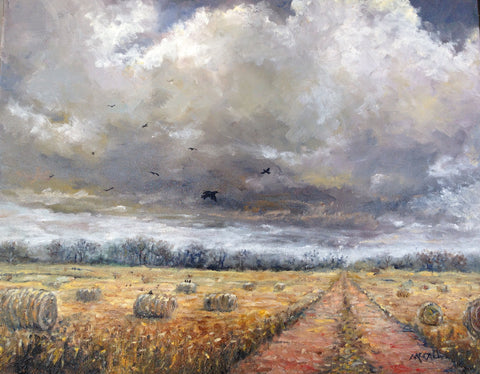 storm, oil painting, lamdscape, hayfield, oil