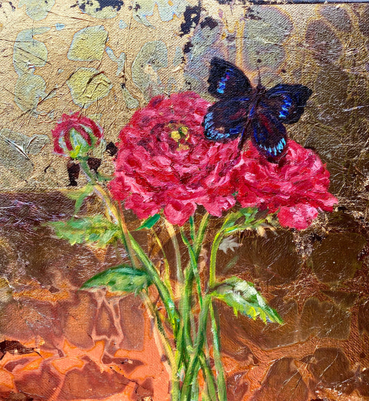 Ranunculus and Pipevine Swallowtail Gold Leaf, 10” x 10”